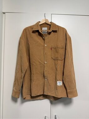 Korean Men's Corduroy Button-Up Shirt in Tan